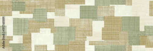 Patchwork geometric pattern creating a seamless textured background. Seamless collage of muted sage and khaki rectangular shapes with woven fabric texture