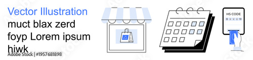 E-commerce, online payments, event scheduling, retail services, digital transaction, barcode scanning. Illustrated storefront, calendar and QR code on a screen. E-commerce and online payments