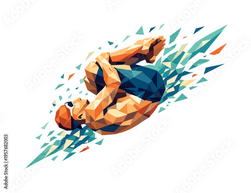 Low-poly vector illustration of a swimmer mid-flip, torso rotated with angular limbs tucked, polygonal water shards scattering