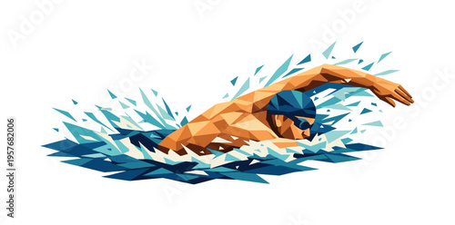 Low-poly vector illustration of a swimmer exploding into a freestyle stroke, angular faceted body fully extended with arms