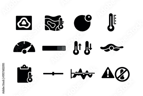 Solid vector icons of temperature tracking: heatmap, isotherm, degree, scale, gauge, gradient, range, average, record, baseline,