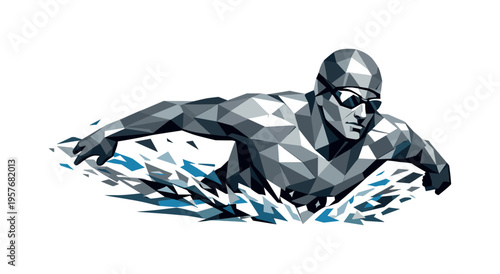 Low-poly vector illustration of a swimmer initiating the butterfly stroke, faceted angular arms pulling backward with torso
