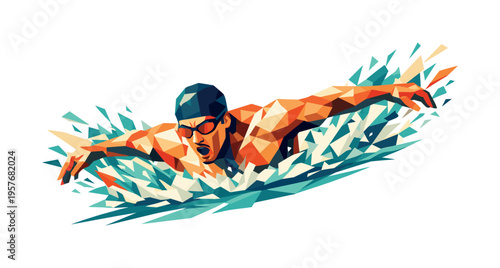 Low-poly vector illustration of a swimmer mid-butterfly, chest lifted with angular shoulders and arms slicing the water,