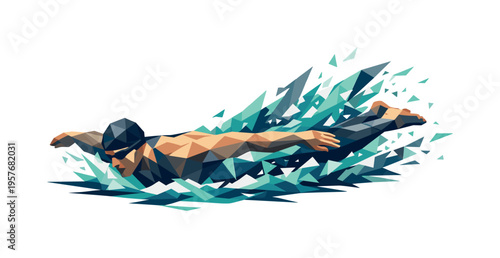 Low-poly vector illustration of a swimmer completing a butterfly stroke surge, faceted body fully extended with powerful kick,