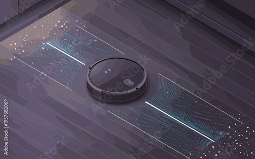 Isometric Smart Robotic Vacuum Cleaner Cleaning Floor with Laser Mapping Sensors Illustration