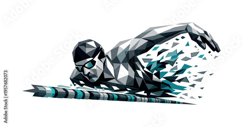 Low-poly vector illustration of a swimmer accelerating down the lane, faceted angular torso twisting with powerful arm pull,