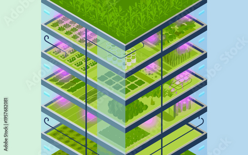 Isometric Vertical Farming Illustration, Sustainable Urban Agriculture and Smart Greenhouse Technology