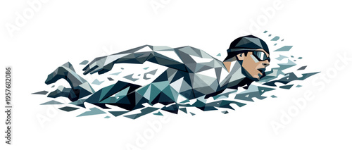 Low-poly vector illustration of a swimmer preparing to inhale during a freestyle breath cycle, faceted angular torso slightly
