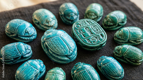 Egyptian faience scarab beetle amulets in turquoise blue-green glaze