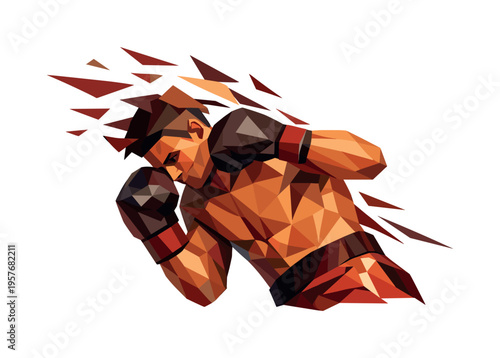 Boxer's Agile Dodge. Low-poly vector illustration of a boxer performing a dodge slip, angular faceted torso leaning sideways with