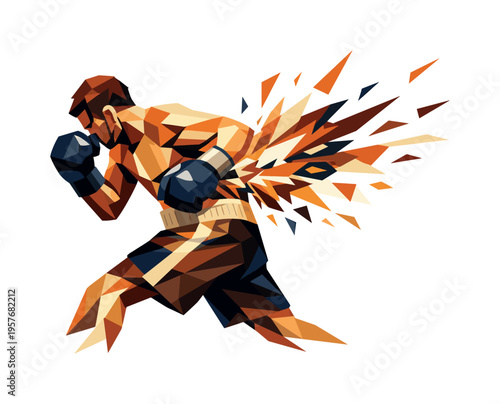 Low-poly vector illustration of a boxer mid-body hook, angular limbs and torso frozen in dynamic rotation, polygonal fragments