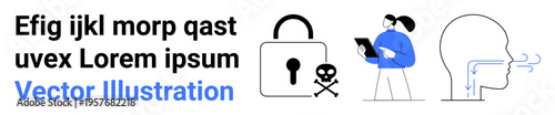 Cybersecurity, identity verification, data breach prevention, online safety, privacy, hacking prevention. Lock with skull, person holding tablet head outline with airflow arrows. Cybersecurity