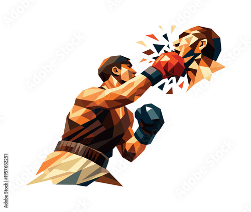 Low-poly vector illustration of a boxer mid-uppercut, angular limbs frozen in dynamic upward motion, polygonal fragments