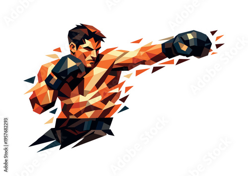 Low-poly vector illustration of a boxer mid-speed combo, angular torso twisting and arms extending in rapid succession, polygonal