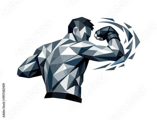 Low-poly vector illustration of a fighter winding up for an elbow strike, faceted angular shoulders and torso coiling with