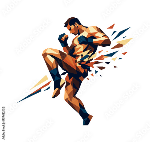 Low-poly vector illustration of a fighter mid-knee drive, angular limbs and faceted torso frozen in dynamic upward thrust,