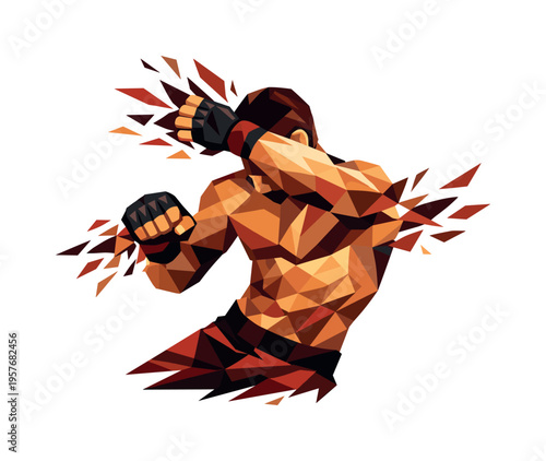 Low-poly vector illustration of a fighter executing a block counter, angular faceted torso twisting with one arm raised to