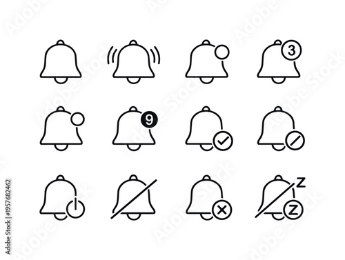 Notification Icons Grid. Line style vector icons of Notification bell icons: bell, notify, alert, ring; badge, dot, count, status;