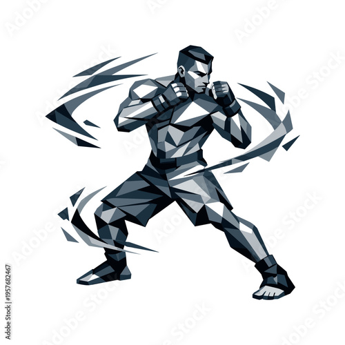 Low-poly vector illustration of a fighter preparing for a stance shift, faceted angular shoulders and torso coiling with tension,