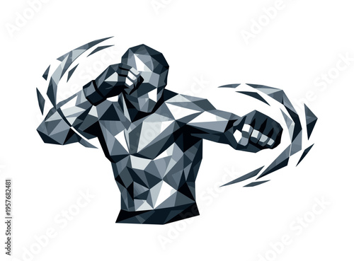 Low-poly vector illustration of a fighter preparing a block counter, faceted angular shoulders and torso coiling with tension,
