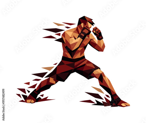 Low-poly vector illustration of a fighter completing a stance shift, faceted angular body firmly planted in new stance with guard