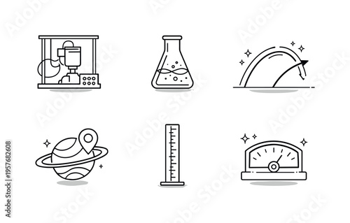Line vector icons of a physical experiment conducted under conditions of another planet (planetary-lab test): device contour,