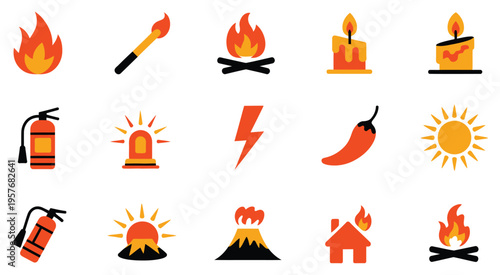 Simple, stylized icons, featuring fire, sun, match, chili, house, and eruption themes, with some icons emphasizing fire safety