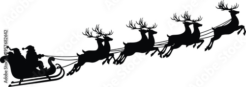 Santa Claus and reindeer in sleigh flying through sky Christmas holiday