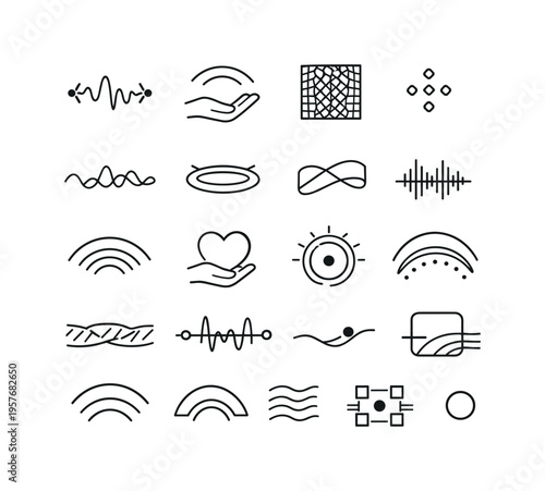 Tremor Recognition Icons. Line style icons of tremor-recognizing digital aide: vocal tremor node, calm-offer arc, mic mesh tile,