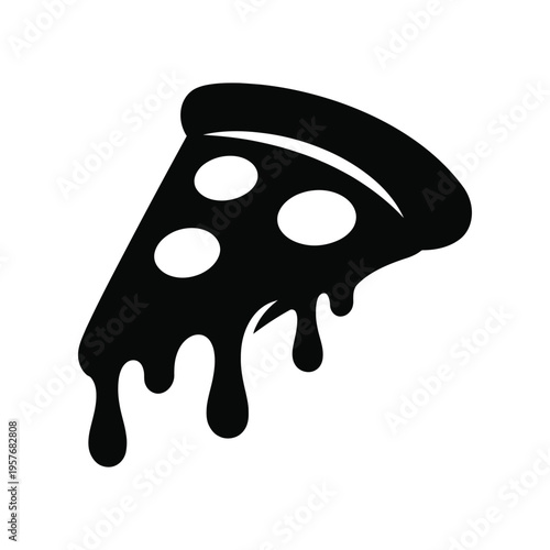 A minimalist black and white vector illustration of a single slice of cheesy pepperoni pizza icon