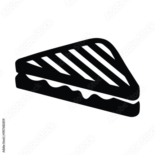 A simple black and white vector icon of a toasted triangle sandwich for food and restaurant menus