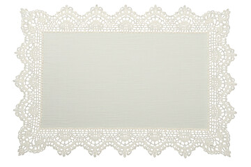 White cotton placemat with elaborate vintage lace border framing a plain textile area, transparent background