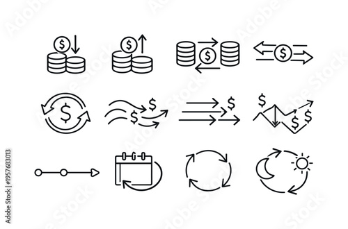 Line style icons of personal cashflow tracking: inflow, outflow, transfer, movement; arrows, flow, stream, direction; timeline,