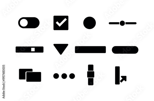 Solid vector icons of UI controls: toggle switch, checkbox, radio button, slider, progress bar, dropdown arrow, input field,