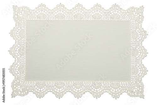 White cotton placemat with elaborate vintage lace border framing a plain textile area, transparent background