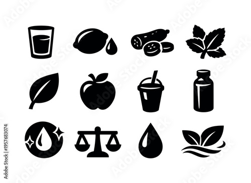 Solid vector icons of detox nutrition: waterglass, lemon, cucumber, mint, leaf, apple, smoothie, bottle, cleanse, balance,