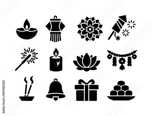 Solid vector icons of diwali festival: diya, lantern, rangoli, firework, sparkler, candle, flower, garland, incense, bell,