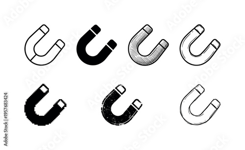 Collection of diverse horseshoe magnet icons in various artistic styles and formats