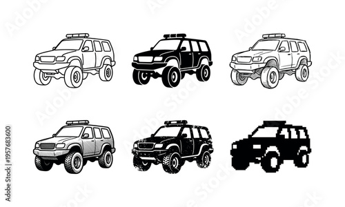 Collection of six different styles of off-road SUVs with roof racks and lights