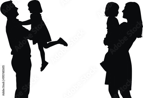 Black silhouettes of parents holding little children family