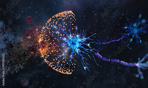 Photos Neuron neuroprotection: glucagon-like peptide-1 (GLP-1) molecular barrier shielding nerve cell from amyloid beta plaques