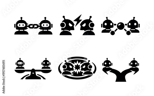 Solid style icons of cooperative and competitive bot dynamics: alliance link, rivalry split, shared-resource node,