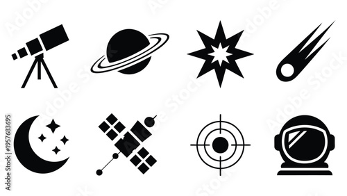 Space exploration icons set black silhouette on white background, including telescope, planets, stars, comet, moon, satellites, atom, and astronaut helmet, perfect for astronomy