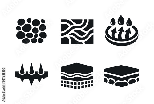Solid style icons of substrate–foundation interaction: soil matrix icon, micro-channel pathways, moisture-flow ring,