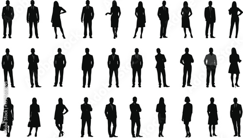 Black silhouettes of business people standing white background