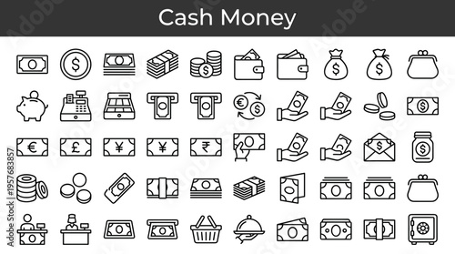 Collection of diverse financial icons representing cash, savings, and transactions
