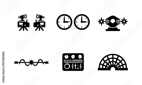Solid style icons of experimental entanglement setups: dual detector stations, synchronized clocks, entanglement source icon,
