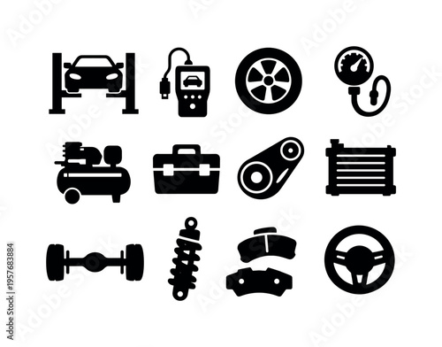 Solid vector icons of car service: car lift, diagnostic tool, wheel, tire pressure gauge, air compressor, toolbox, belt, radiator