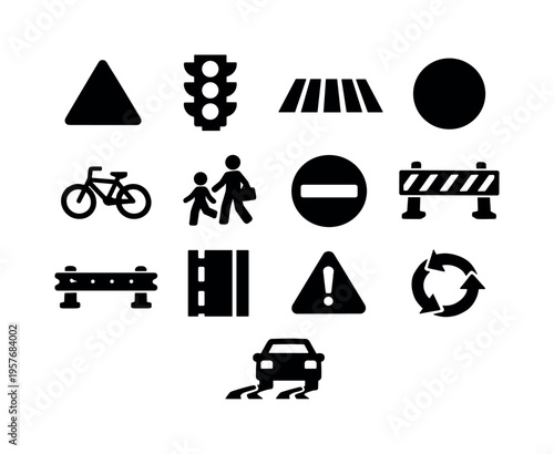 Solid vector icons of road safety: road sign, traffic light, crosswalk, speed limit sign, bike lane, school zone, no entry sign,