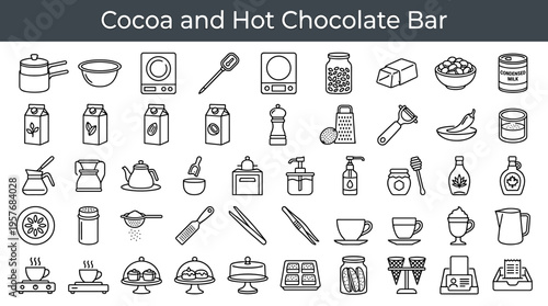 Collection of icons representing ingredients and tools for a hot chocolate bar
